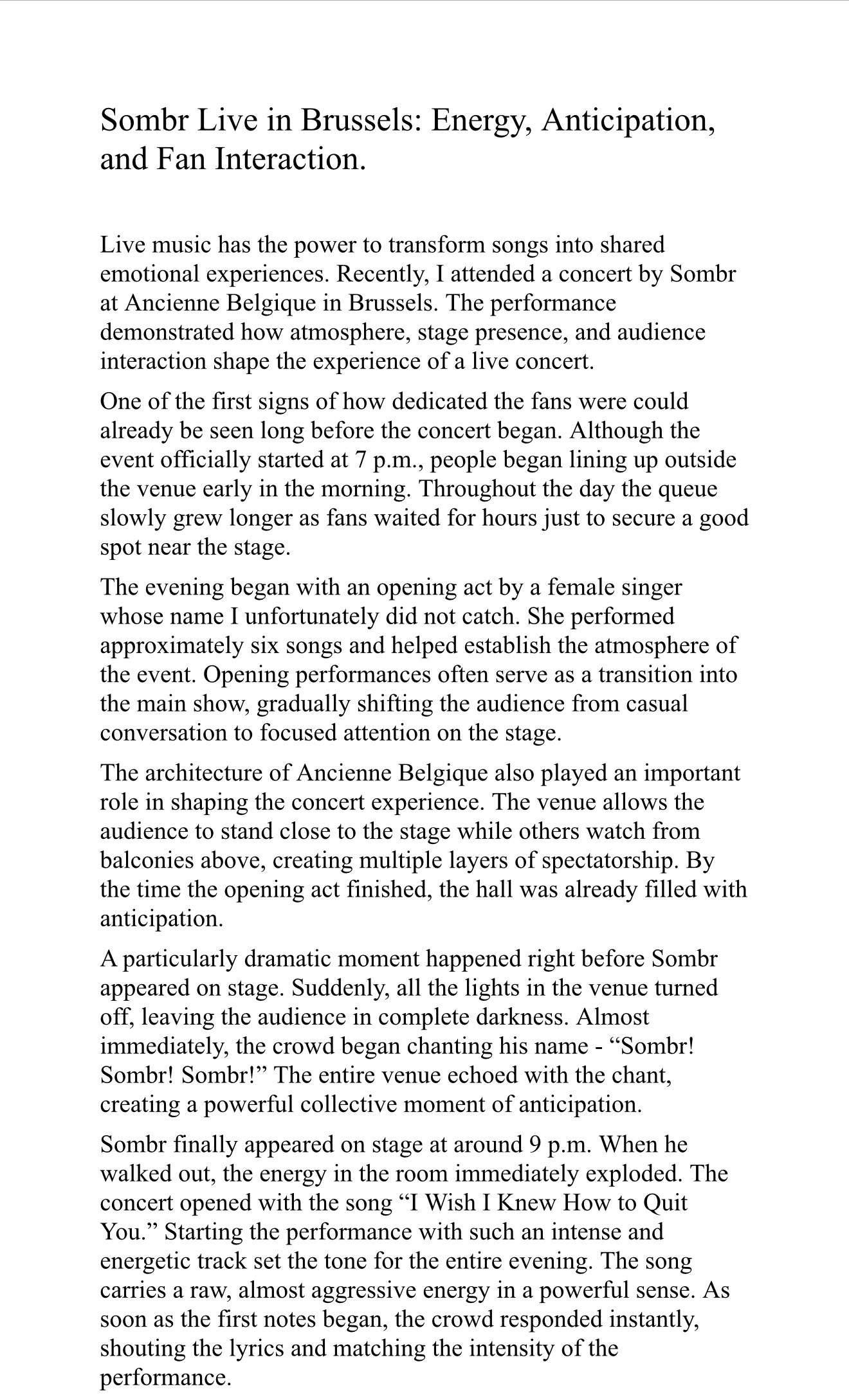 Sombr Live in Brussels: Energy, Anticipation, and Fan Interaction